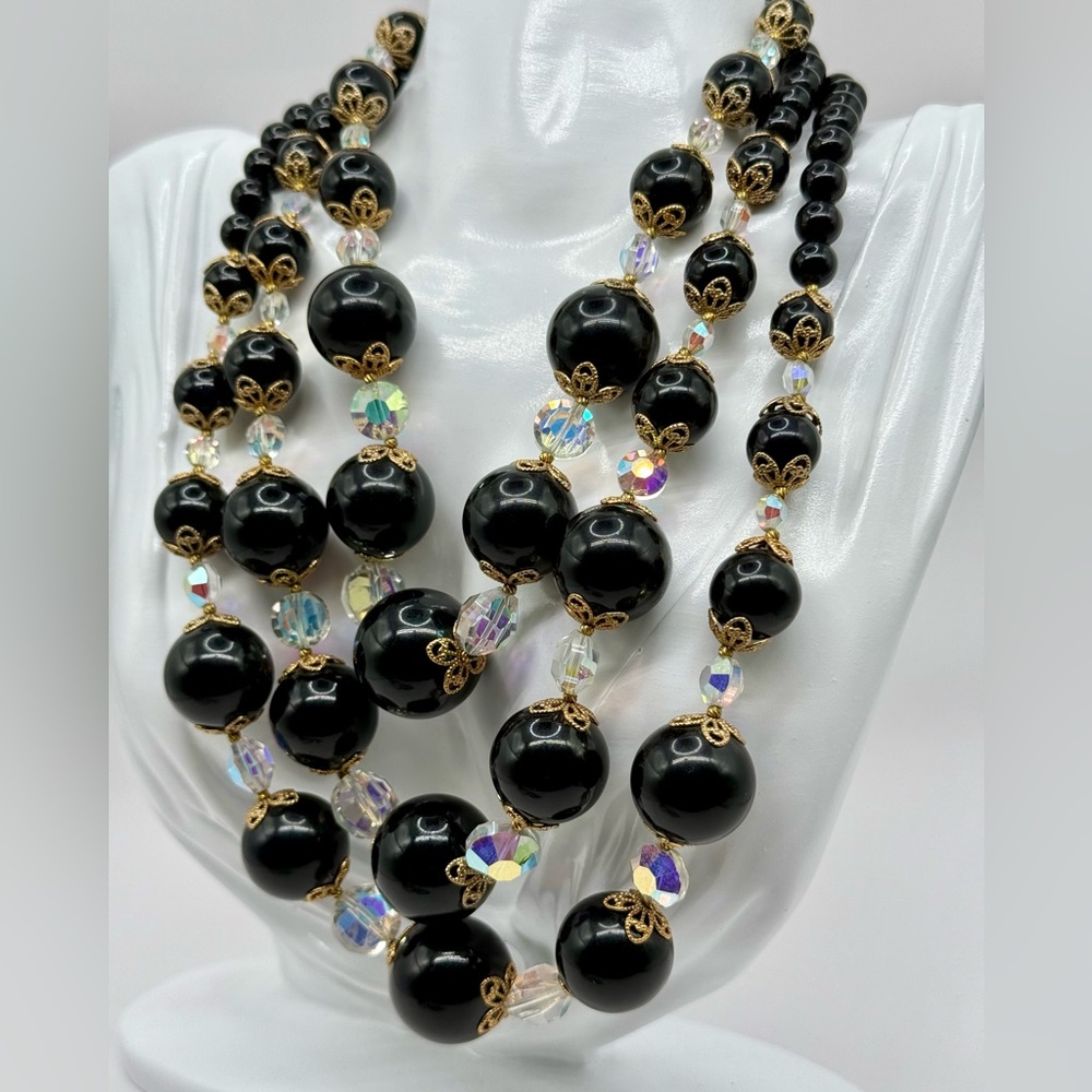 Vintage Black Beaded with Gold Filigree Caps & Aurora Borealis Accents 3 Strand